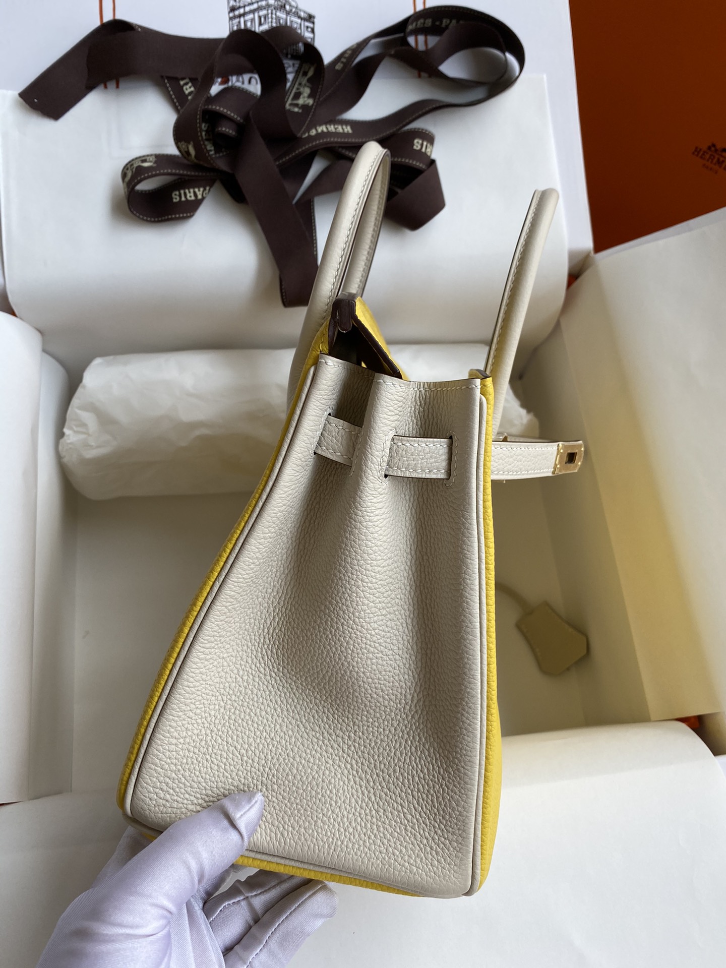 Hermes Birkin 25CM Togo Leather Handbag Yellow White